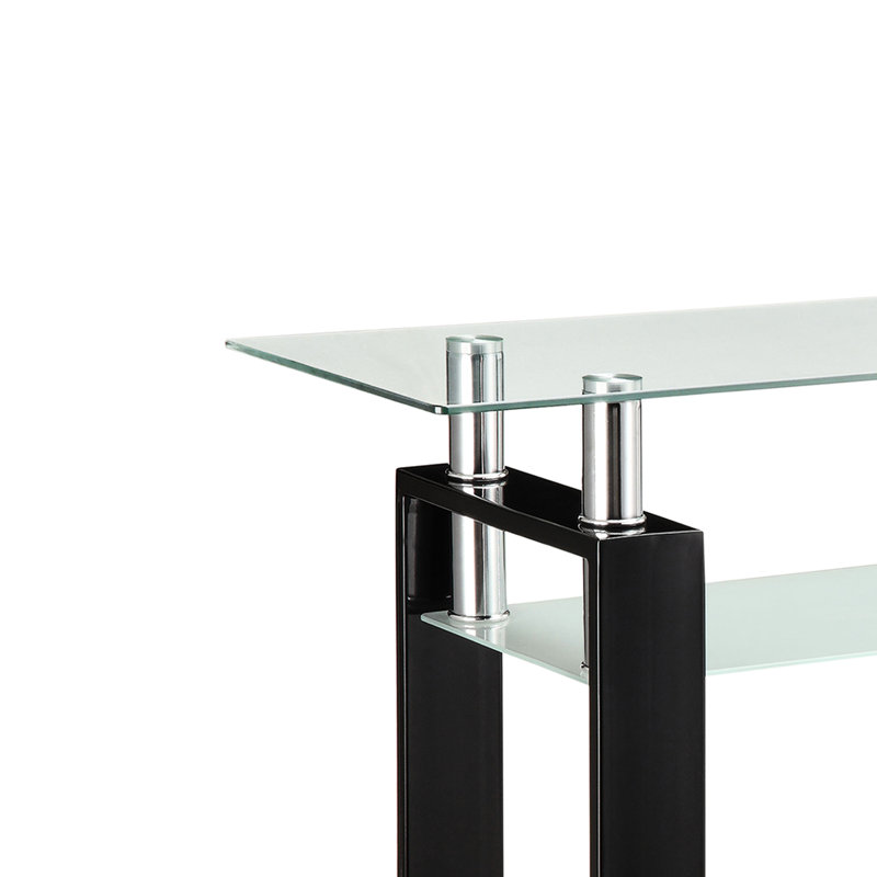 Table rectangulaire en verre avec structure en métal noir et 1 tablette pour un rangement simple et compact dans les espaces de vie principaux, 30 pouces de hauteur, pièces de style minimaliste polyvalent, 16 profondeurs