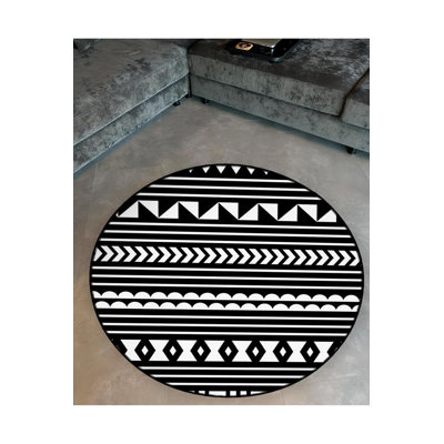 Round BlackShape Detailed Woven Base Modern Decorative Machine Washable Rug