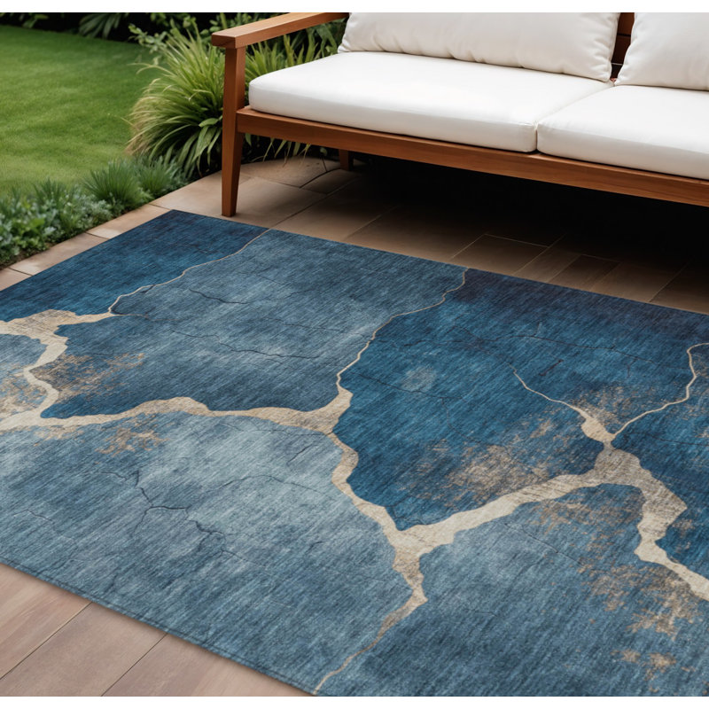 Tapis intérieur/extérieur lavable, 3 m x 4,2 m, bleu marine et beige, à motifs abstraits