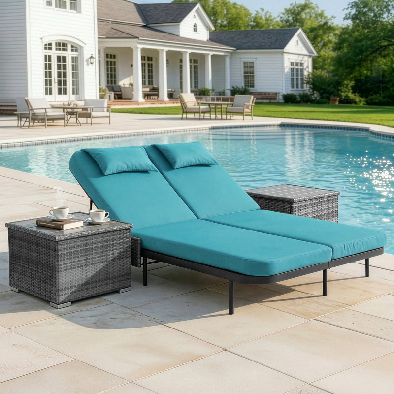 Outdoor Wicker Double Chaise Lounge Chair with Side Table & Cushions, Adjustable Reclining Back, Teal