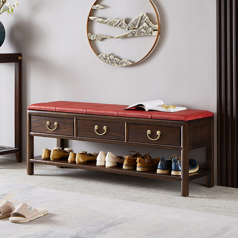 47.2in Retro style Shoe Storage Bench, Red/Dark Walnut