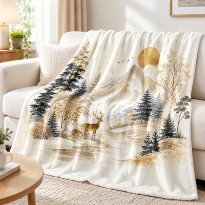Serene Mountain Deer Landscape Throw Blanket, Artistic Woodland Scene Plush Cozy Blanket for Sofa, Couch, Bedroom, Living Room Home Decor