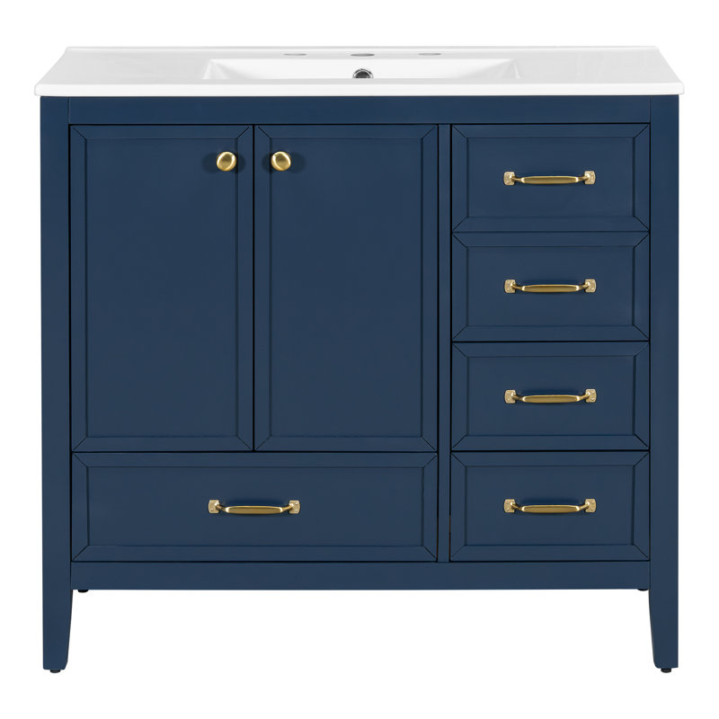 Meuble-lavabo 36 po avec comptoir en céramique, armoire et tiroirs, Bleu