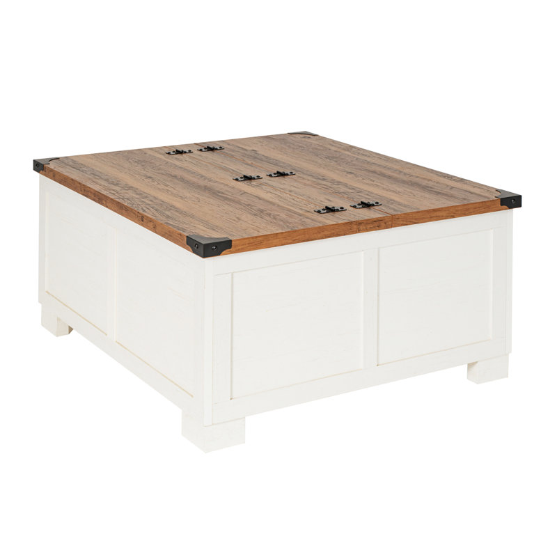 Modern Farmhouse Coffee Table with Hinged Lift Top and Storage, Rustic Oak, White