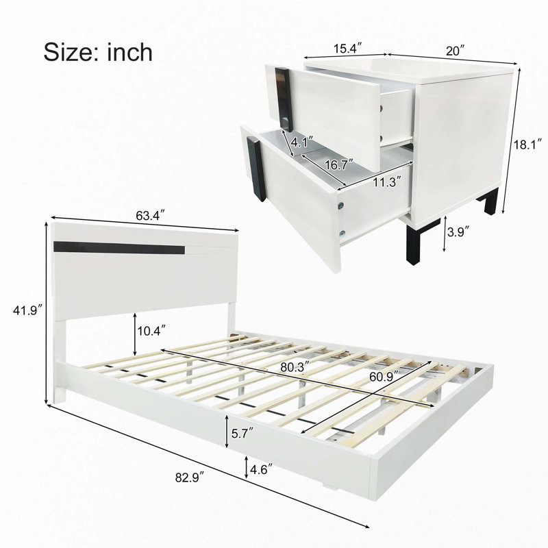 High Gloss 3-Piece Bedroom Set Floating Bed Frame Queen Size Platform Bed With LED Light & 2 Nightstands