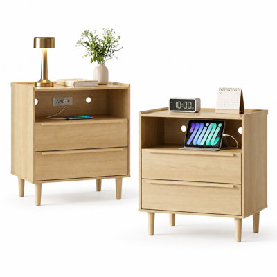 Modern 2-Drawer Nightstand with Built-in Charging Station and Open Shelf