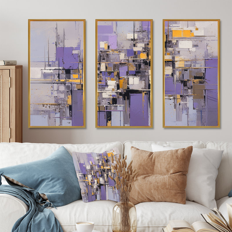 «Pink and Pruple Abstract Shadows II - Abstract Shapes», ensemble d'art sur toile, Cadre flottant doré