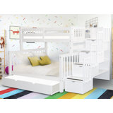 Tena Solid Wood Standard Twin over Full Bunk Beds with 4 Drawer Stairway and Trundle