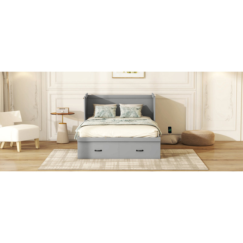 Lit escamotable double avec port USB et grand tiroir, Gris