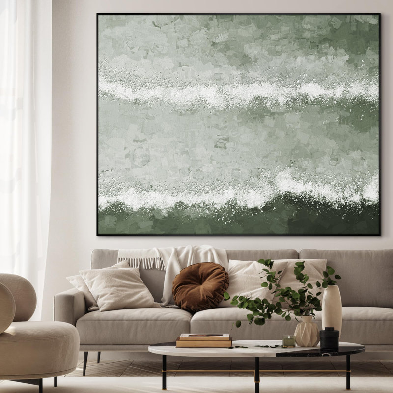 Extra Large Wall Art Fabric Print - Modern Aesthetics Abstract Green Waves Illustrations Artwork Decor for Living Room or Bedroom - "Frame Assembly Required (Unfinished Frame)"