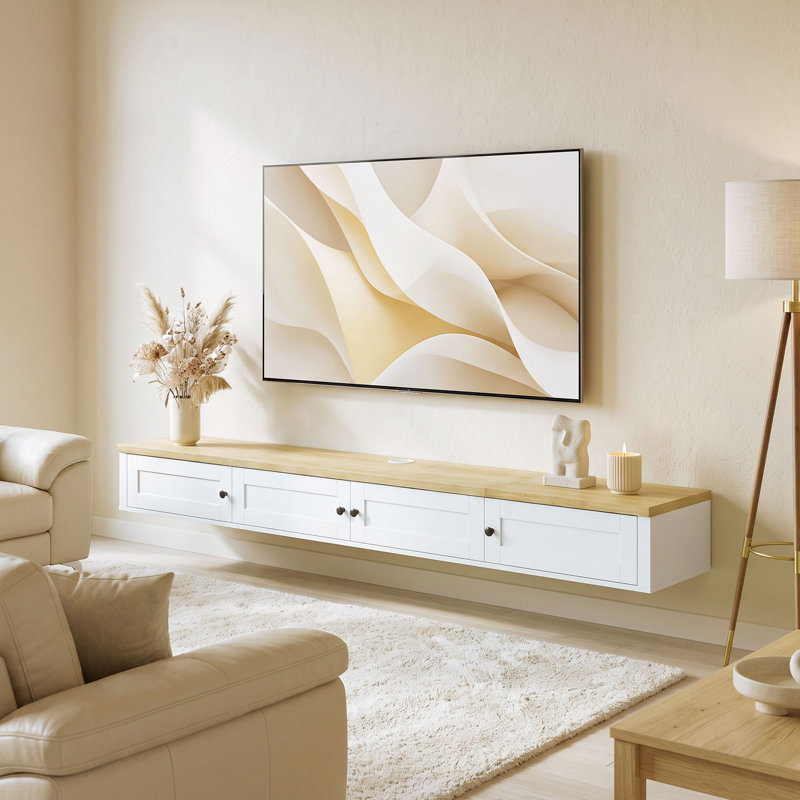 Meuble télé suspendu pour téléviseurs jusqu'à 82 pouces, console multimédia murale, Blanc, bois naturel, noir