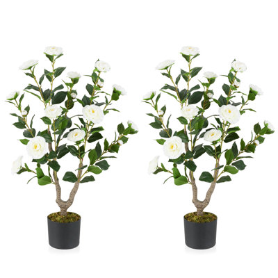 2 Pcs 36" Artificial Camellia Tree Fake Potted Tree Greenery Floral Plant Modern