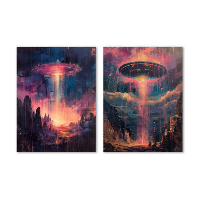 Rose et bleu interstellaire UFOs I - UFO, ensemble de 2 reproductions d'art mural en métal
