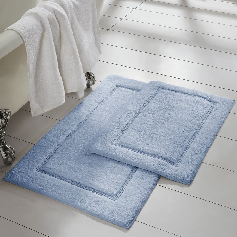 Light Blue Cotton Non-Slip Rectangular Bath Mat Set
