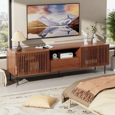 Medieval-Style Modern TV Cabinet, Walnut Color, Suitable For 55-80 Inch Tvs, Double Louvered Door Drawers For Storage, A Living Room/Bedroom Entertainment Center, Can Hold Audio-Visual Equipment.