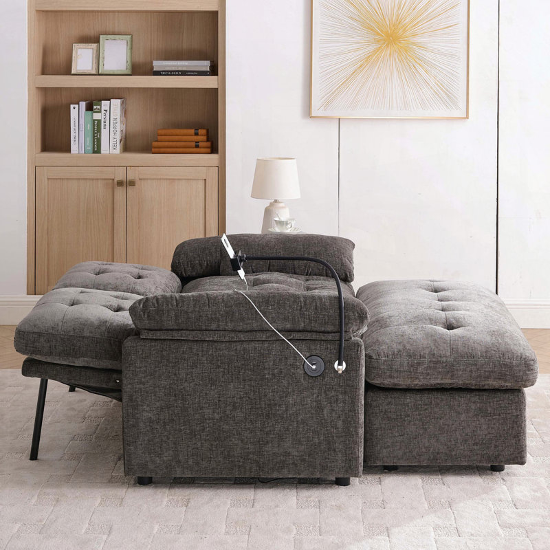 Double Recliner Sofa with USB Charging and Storage Ottoman, Gray