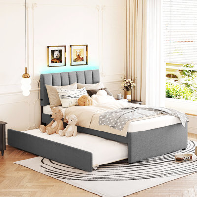 Lit plateforme tapissier simple avec lit gigogne Teddy