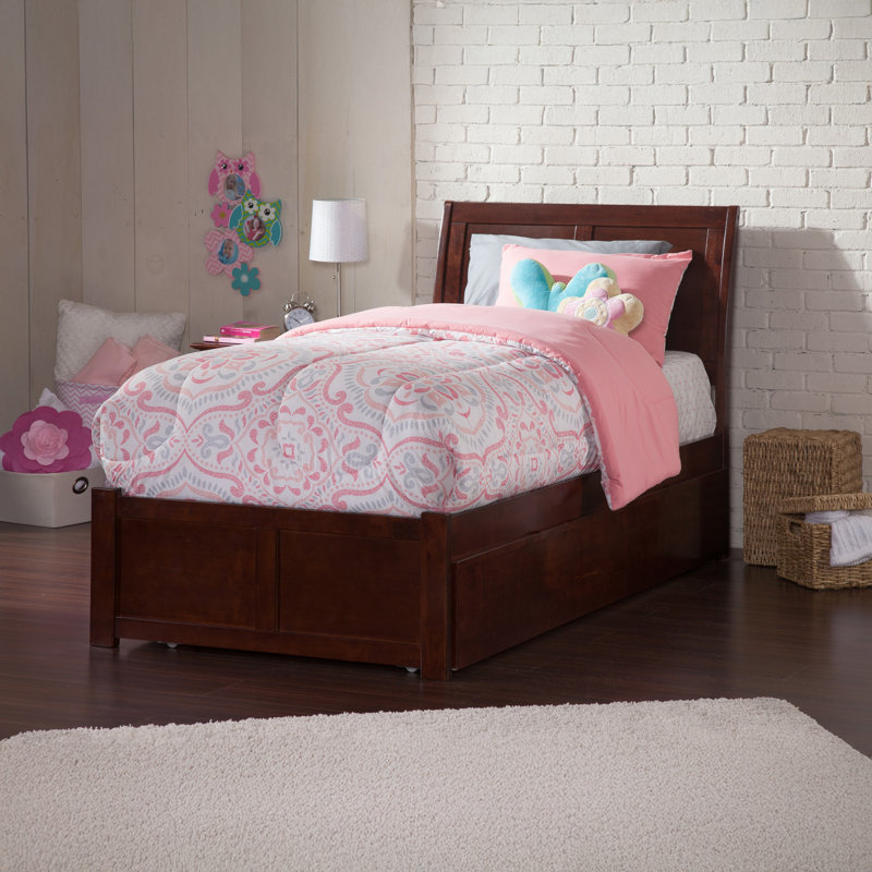 Lampley Solid Wood Platform Bed with Panel Footboard and Trundle, Twin, Walnut