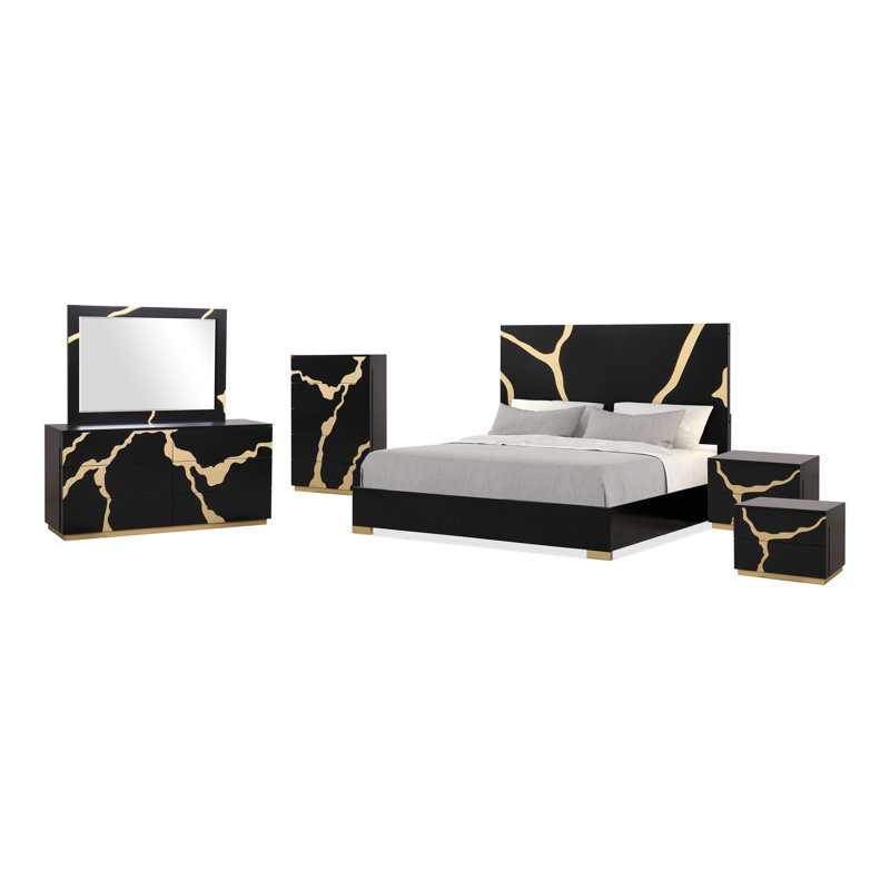 Ensemble de chambre à coucher 6 pièces Heckstall, Grand, 6 Pcs: Bed,2 Nightstands,Dressers,Chest, Mirror