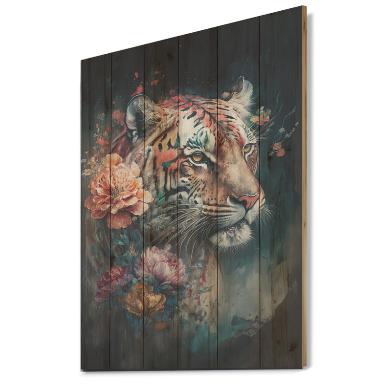 Mignon tigre, art floral II - impression sur bois sans cadre, H 40 po x l 30 po x P 1,5 po
