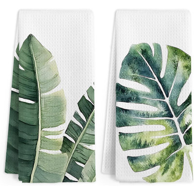 Torchons de cuisine à motif de feuilles de palmier vert sauge, décoration de salle de bain vert sauge, ensemble de 2 serviettes à main modernes à motif de feuilles d'herbes aromatiques, torchon décoratif à motif de feuilles de fougère pour la cuisine et la salle de bain