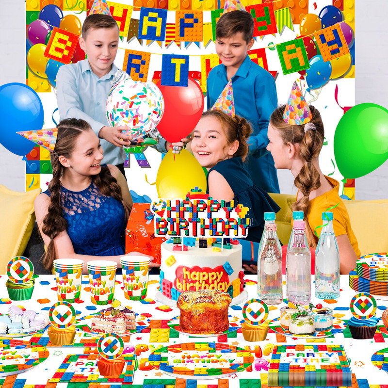Building Block Birthday Party Supplies,72pcs Building Blocks Party Decorations & Tableware Set