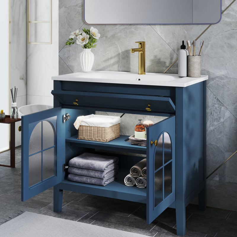 Ensemble de meuble-lavabo Mid-Century 36 "avec bande lumineuse à capteur de mouvement, Bleu