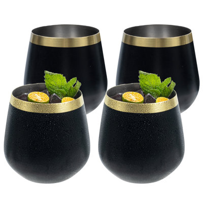 4 Piece Black Drinking Wine Glasses With Gold Decor