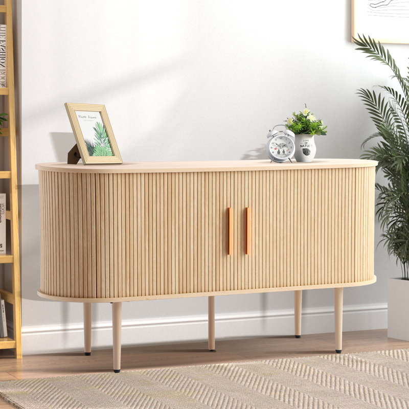 Buffet 55 "avec portes coulissantes cannelées, armoire de rangement Tambour avec tablettes, Naturel