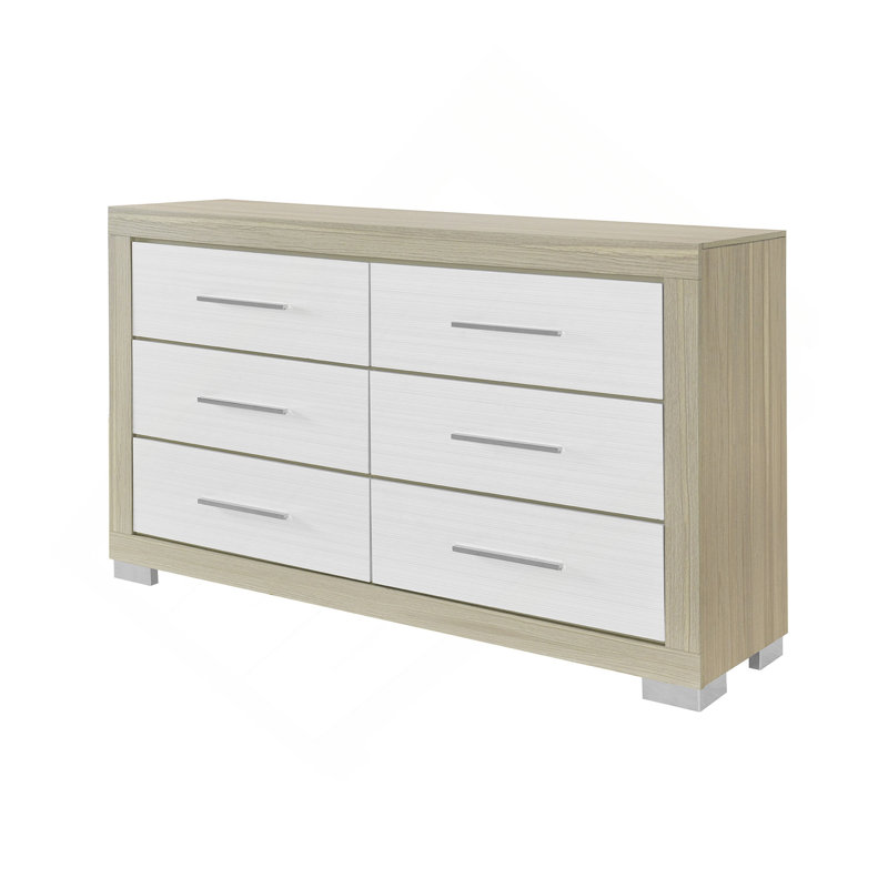 Dresser With Striped Panels & Minimalist Handles, Natural/White