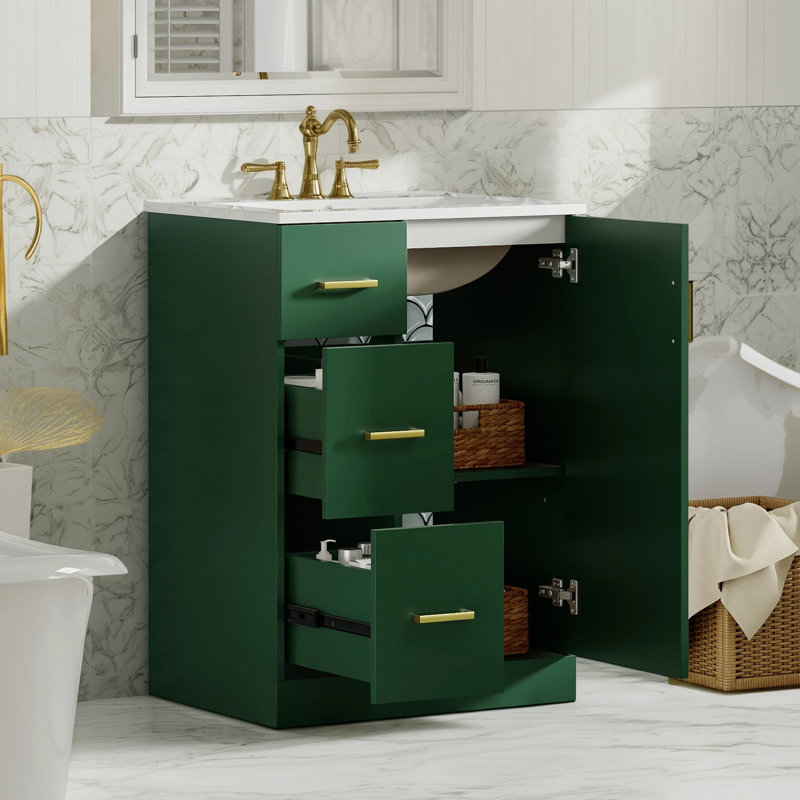 24" Modern Bathroom Vanity with Sink, Soft-Close Door, 2 Drawers, Under-Mount Sink, Green/Gold