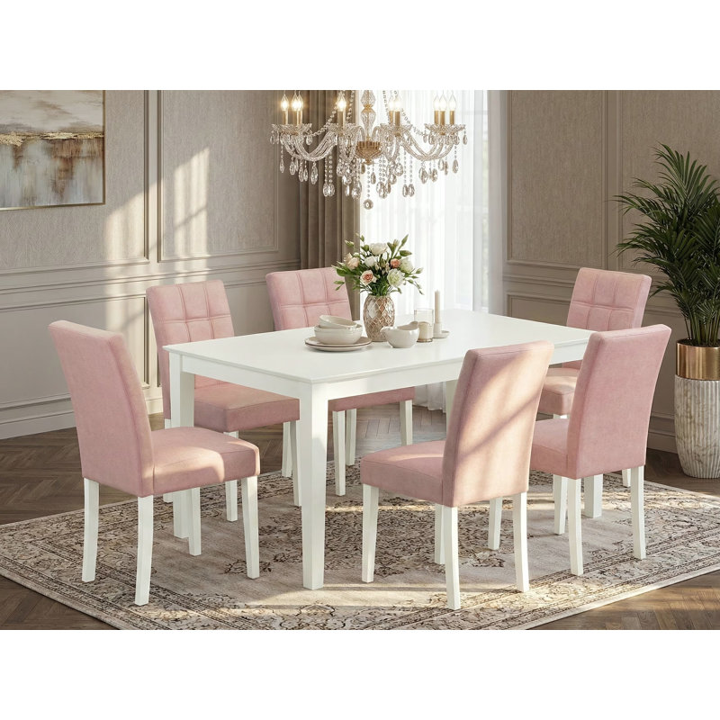 7 Piece Modern Dining Table Set Includes A Dinner Table and 6 Beige Red Polyester Fabric Wood Chairs with Stylish Back- Linen White Finish