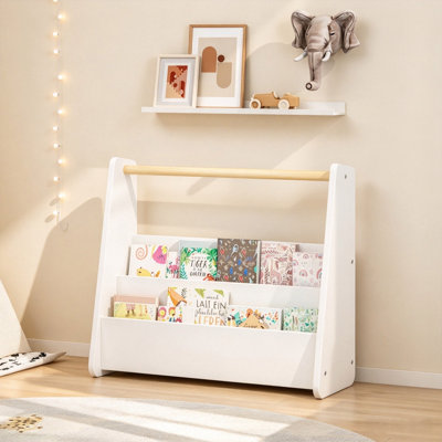 Kids Front Facing Bookshelf, Toddler Book Rack with Wooden Top Handle, Freestanding Children Book Storage Organizer for Nursery, Playroom, Kids Bedroom