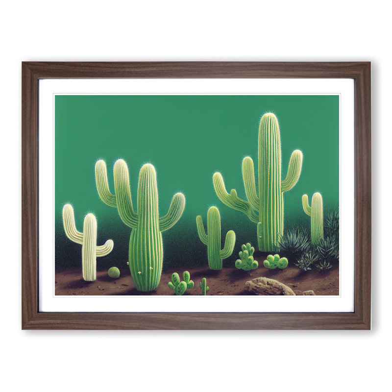 Friendly Cactus - Single Picture Frame Print, 46cm H x 64cm W x 2cm D, Walnut Framed