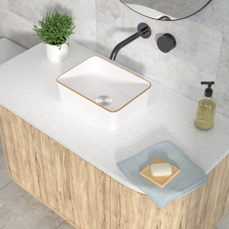 16" x 12" White Ceramic Rectangular Vessel Bathroom Sink with Gold Trim - Modern Above-Counter Vanity Basin for Contemporary Bathrooms