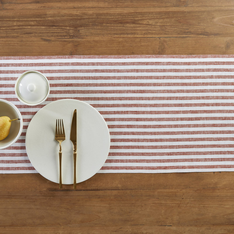 Amalfi Stripe - 100% Pure Linen Table Runner, Cinnamon/White, 120" x 14"