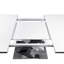 Table de salle à manger rectangulaire moderne, extensible, plateau de table blanc + pied de table en panneau de fibres à densité moyenne noir et blanc avec base en métal