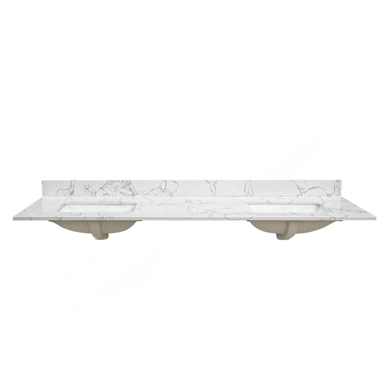 Dessus de meuble-lavabo en pierre blanc clair 73 po x 22 po avec lavabo en céramique encastré et 3 trous de robinet avec dosseret