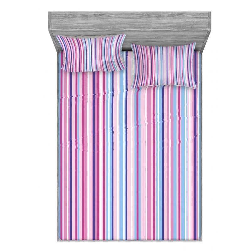 Microfiber Striped Sheet Set, Queen Sheet Set with Fitted Sheet, Wavy Horizontal Lines Chevron