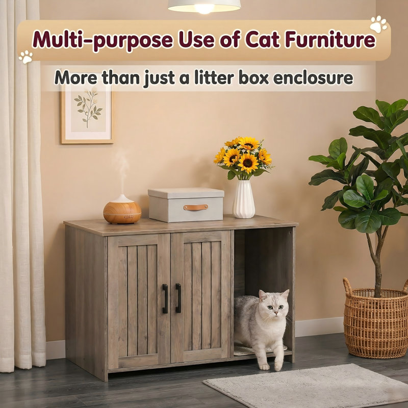 Litière cachée en bois pour chat avec tapis à griffer, salle de bain intérieure, l 31,5 po x l 19,7 po x 21,7 po, grège