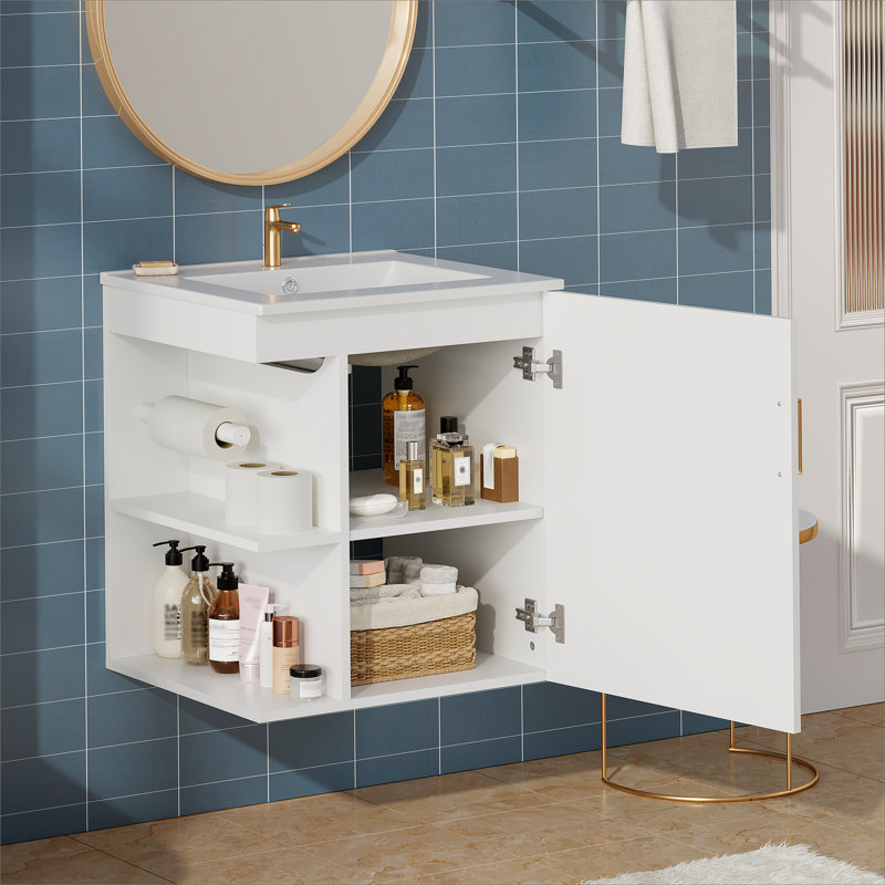 Meuble-lavabo mural, armoire de salle de bain avec lavabo et porte à fermeture en douceur, Blanc