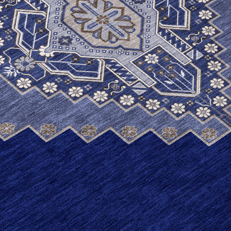 Washable Rectangular White and Navy Medallion Synthetic Rug