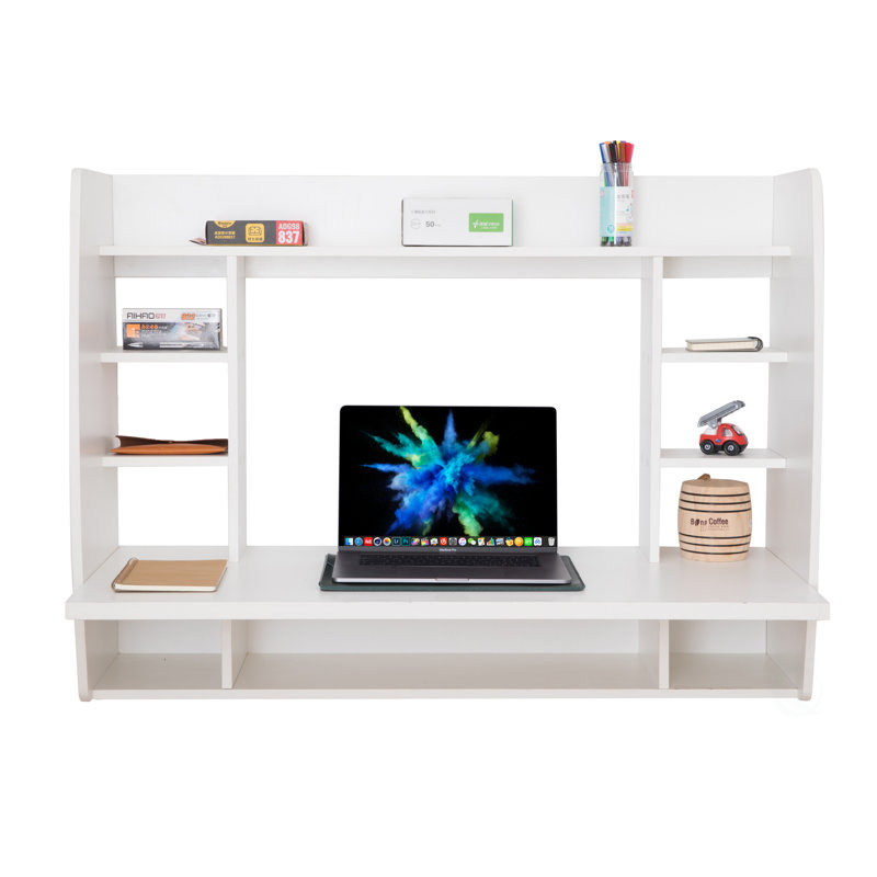 Bureau mural blanc flottant avec tablettes, poste de travail compact pour ordinateur portable, bureau, chambre à coucher, salon, bureau