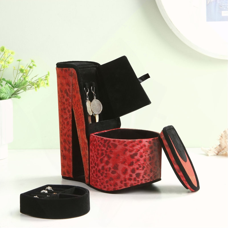 Boîte à bijoux de 9 po avec rangement caché, chaussures à talons hauts, imprimé léopard