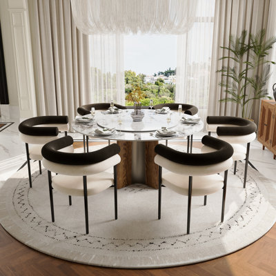 7-Piece Round Dining Set with Lazy Susan, Modern 51'' Sintered Stone Dining Table with Solid Wood & Stainless Steel Base and 6 Upholstered Armchairs