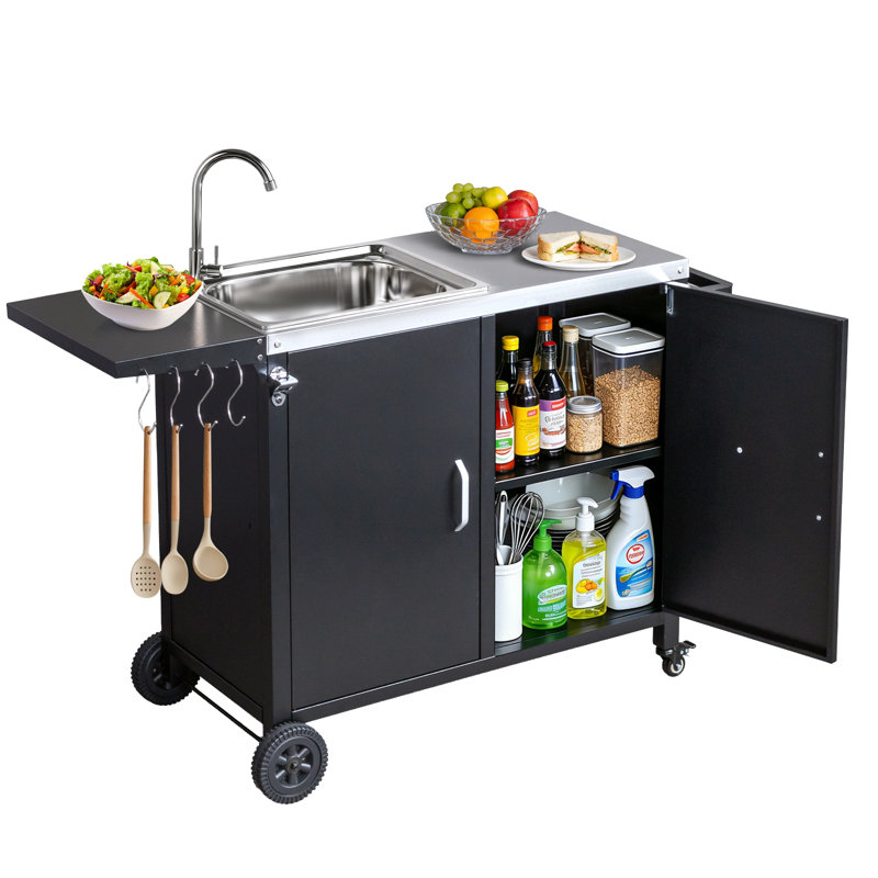 Chariot de barbecue extérieur avec évier en acier inoxydable, table de préparation mobile avec armoire