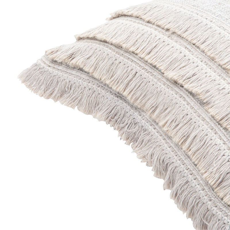 Fringed Cotton Throw Pillow, 20" x 20", Light Gray