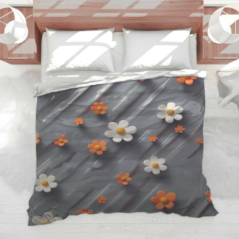Édredon orange, fleurs blanches, Grand lit