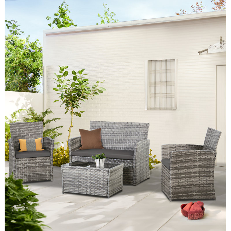 Ensemble de conversation de patio en osier 4 pièces toutes saisons avec coussins, Gris pâle, Gris