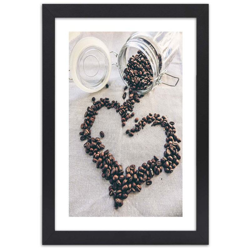 Coffee Heart Bean - Single Picture Frame Print, Black, 30cm H x 20cm W
